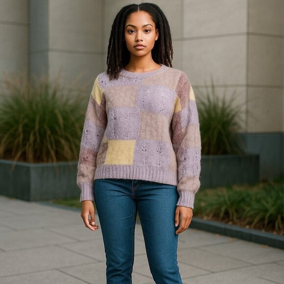 Sylvia Mary Vintage Patchwork Mohair Fluffy Fuzzy Hand-Knit Sweater Medium - Picture 4 of 7